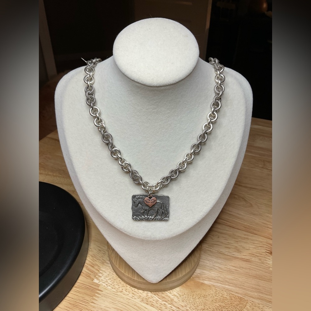 Antique Silver (Solid) Chain With Pewter Horse Ch… - image 5